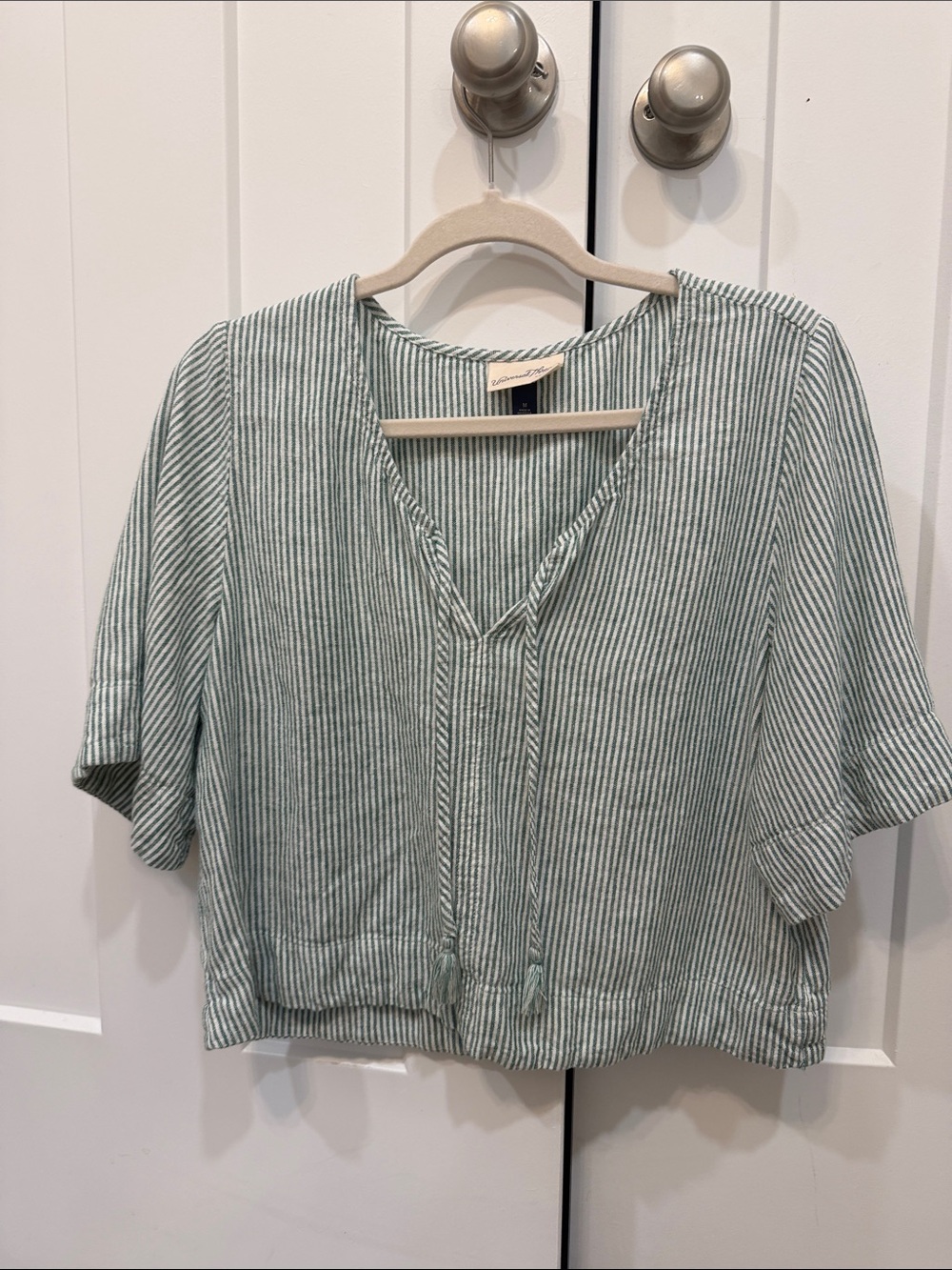Universal Thread Sage Green and White Striped V-Neck Tie-Front Tunic